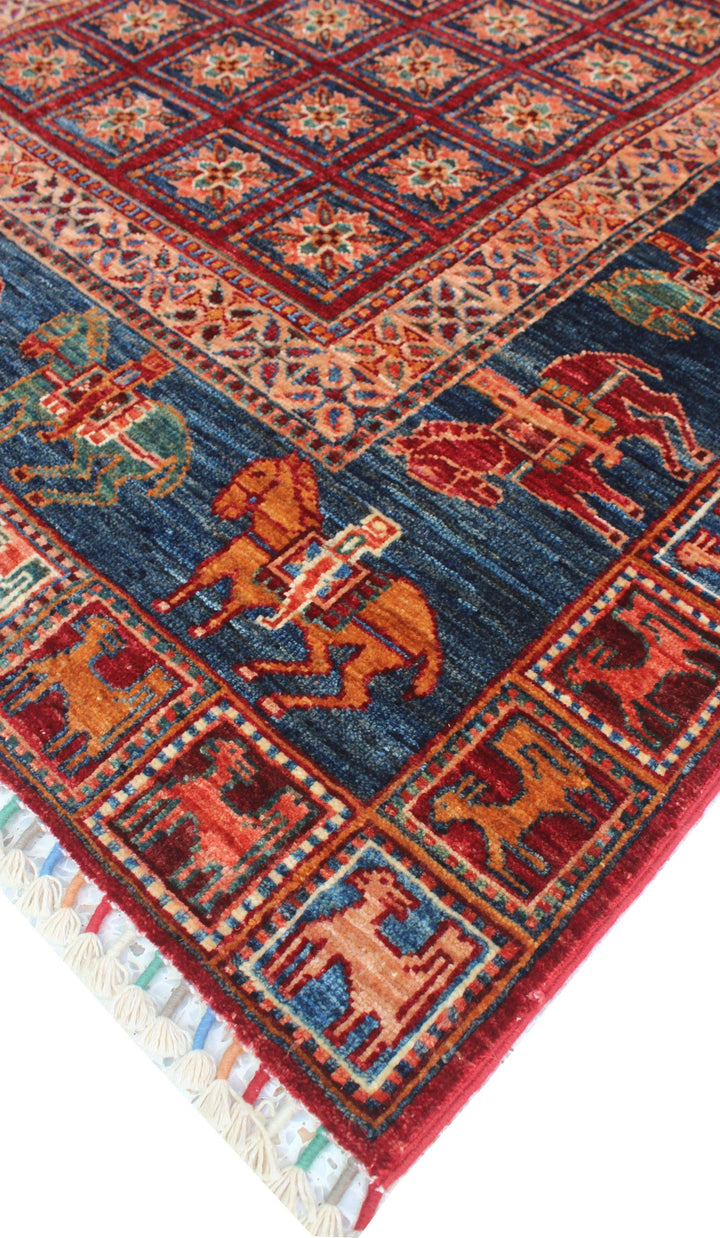 Tribal 4x6Ft Hand Knotted Pazyryk Rug - Red Blue Rug - Horse Design Rug - 4x6 Entryway Rug - Small Kitchen Rug - Office Rug - Home Decor Rug-San Francisco Rugs--San Francisco Rugs