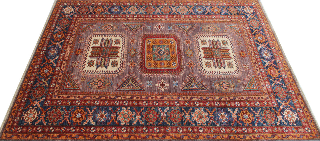 6x8 Ft Hand Knotted Wool Rug - Afghan Rug - Soft Plush Wool Rug - Blue, Purple Rug - Bedroom Rug - Geometric Design Rug - Rug For Office-San Francisco Rugs--San Francisco Rugs