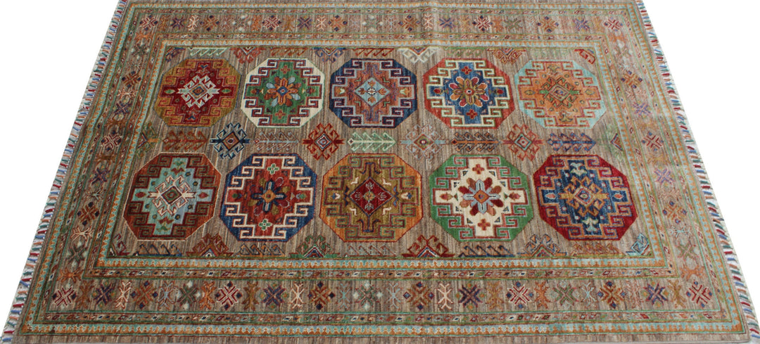 Geometric 4x6 Ft Hand Knotted Ersari Rug - Turkmen Design Rug - Gray Green Red Rug - Tribal Area Rug - Entryway Rug - Small Bedroom Rug-San Francisco Rugs--San Francisco Rugs