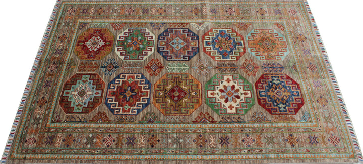 Geometric 4x6 Ft Hand Knotted Ersari Rug - Turkmen Design Rug - Gray Green Red Rug - Tribal Area Rug - Entryway Rug - Small Bedroom Rug-San Francisco Rugs--San Francisco Rugs