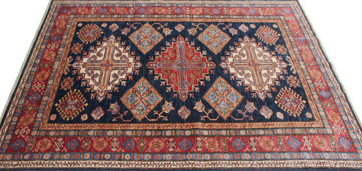 Navy Blue 6x8 Ft Hand Knotted Wool Rug - Geometric Afghan Rug - Exquisite Area Rug - Tribal Rug For Bedroom, Living Rom, Office, Dining Area-San Francisco Rugs--San Francisco Rugs