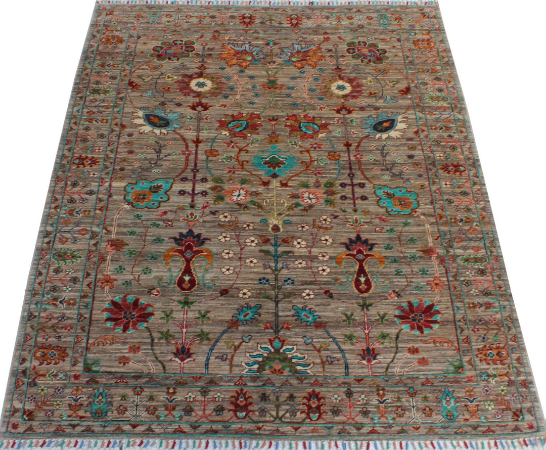 Natural Gray 5'1x6'3 Ft Hand Knotted Rug - Transitional Design Rug - Floral Pattern Rug - Soft Wool Rug - Area Rug For Office, Bedroom-San Francisco Rugs--San Francisco Rugs