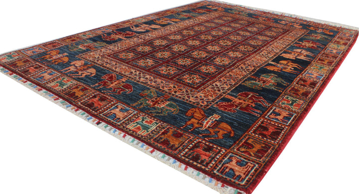 Tribal 4x6Ft Hand Knotted Pazyryk Rug - Red Blue Rug - Horse Design Rug - 4x6 Entryway Rug - Small Kitchen Rug - Office Rug - Home Decor Rug-San Francisco Rugs--San Francisco Rugs