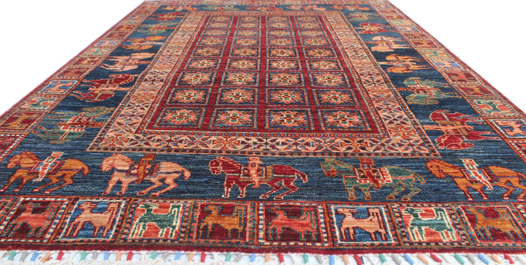 Tribal 4x6Ft Hand Knotted Pazyryk Rug - Red Blue Rug - Horse Design Rug - 4x6 Entryway Rug - Small Kitchen Rug - Office Rug - Home Decor Rug-San Francisco Rugs--San Francisco Rugs