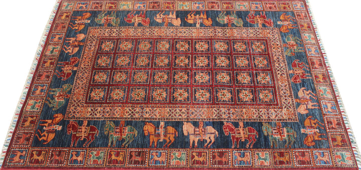 Tribal 4x6Ft Hand Knotted Pazyryk Rug - Red Blue Rug - Horse Design Rug - 4x6 Entryway Rug - Small Kitchen Rug - Office Rug - Home Decor Rug-San Francisco Rugs--San Francisco Rugs