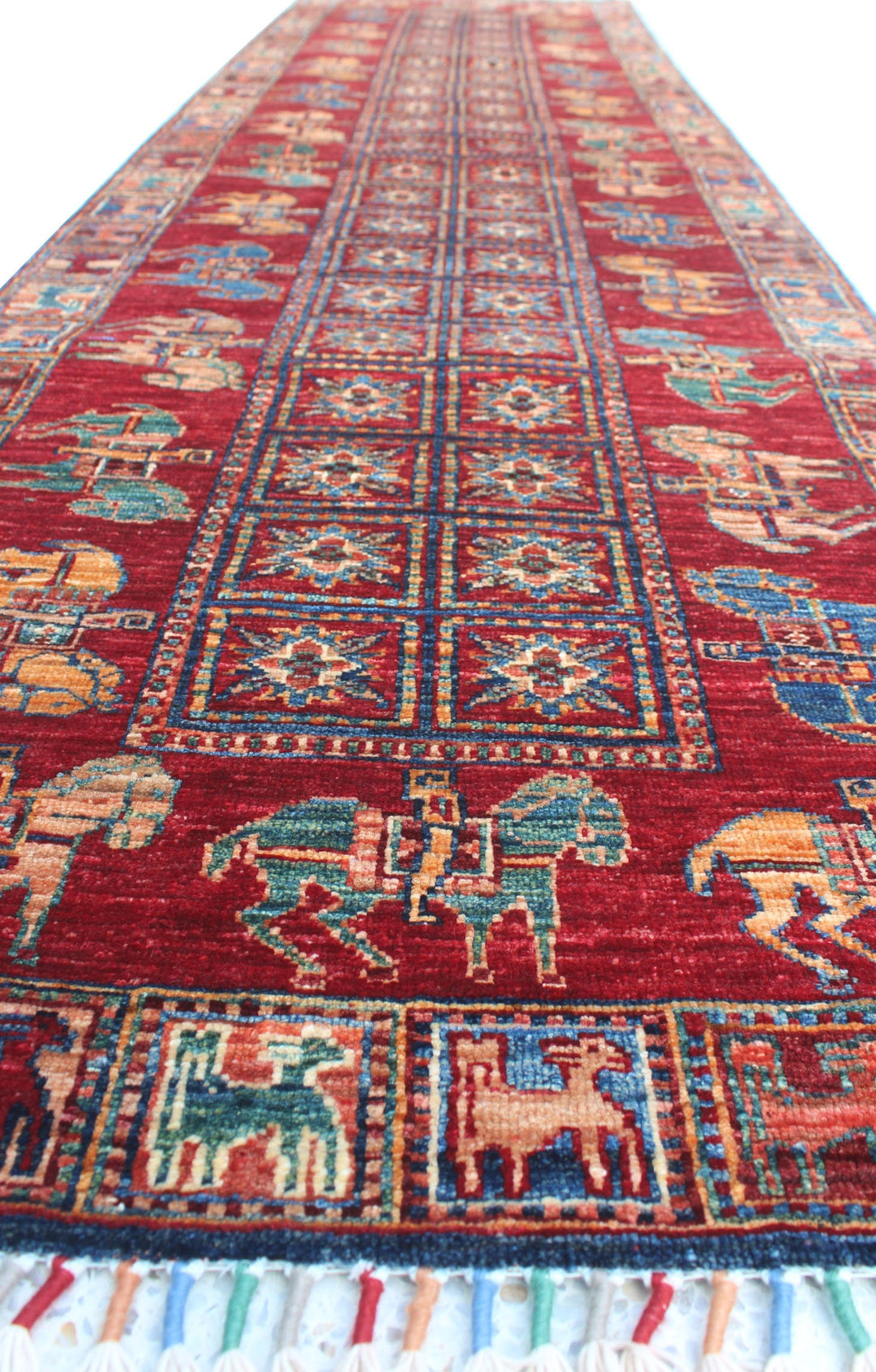 Red 3x10 Ft Hand Knotted Runner Rug - Tribal Pazyryk Runner - 10 Ft Hallway Runner Rug - 3x10 Kitchen Runner Rug - Interior Design Rug-San Francisco Rugs--San Francisco Rugs