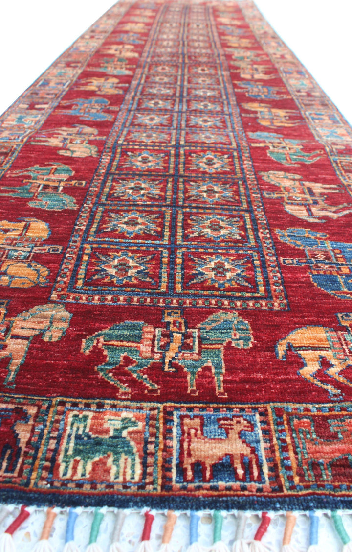Red 3x10 Ft Hand Knotted Runner Rug - Tribal Pazyryk Runner - 10 Ft Hallway Runner Rug - 3x10 Kitchen Runner Rug - Interior Design Rug-San Francisco Rugs--San Francisco Rugs