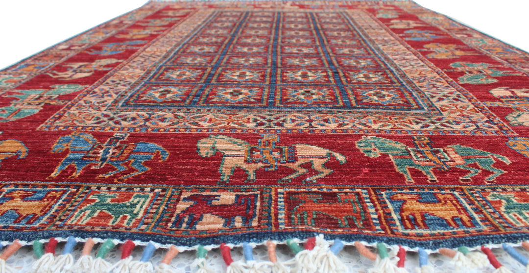 Tribal 4x6 Ft Hand Knotted Pazyryk Rug - Afghan, Wool Rug - Red Blue Color Rug - Exquisite Design Rug - 4x6 Entryway Rug - Small Office Rug-San Francisco Rugs--San Francisco Rugs