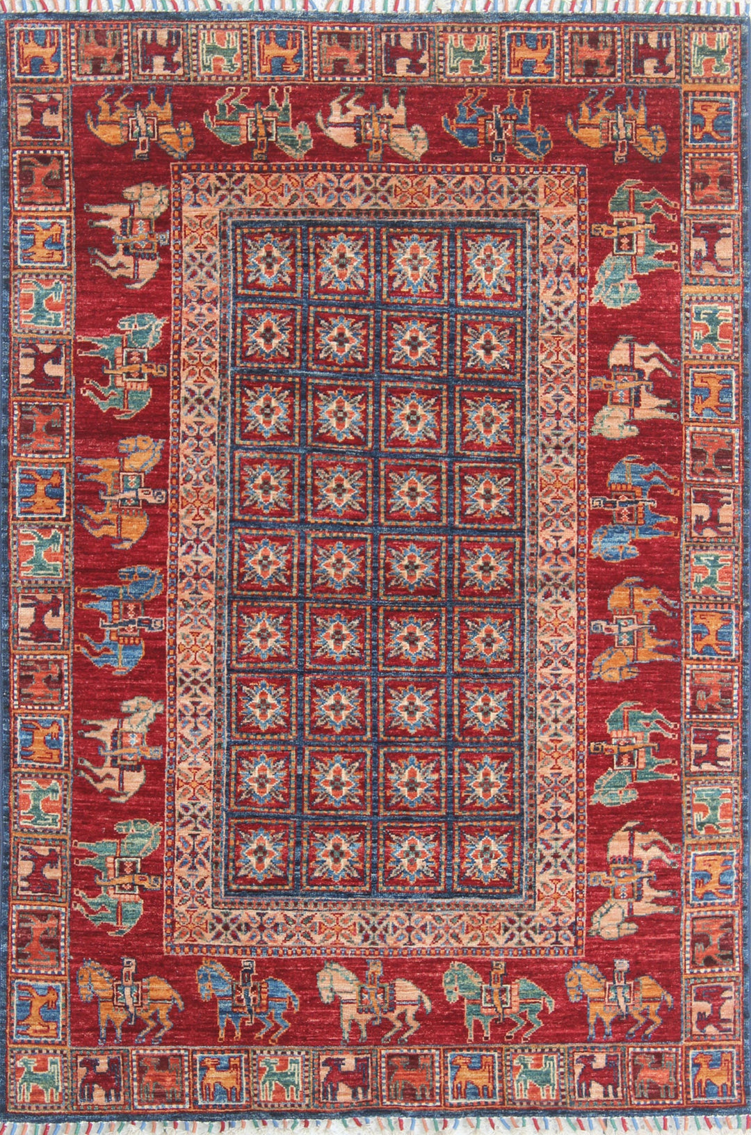 Tribal 4x6 Ft Hand Knotted Pazyryk Rug - Afghan, Wool Rug - Red Blue Color Rug - Exquisite Design Rug - 4x6 Entryway Rug - Small Office Rug-San Francisco Rugs--San Francisco Rugs