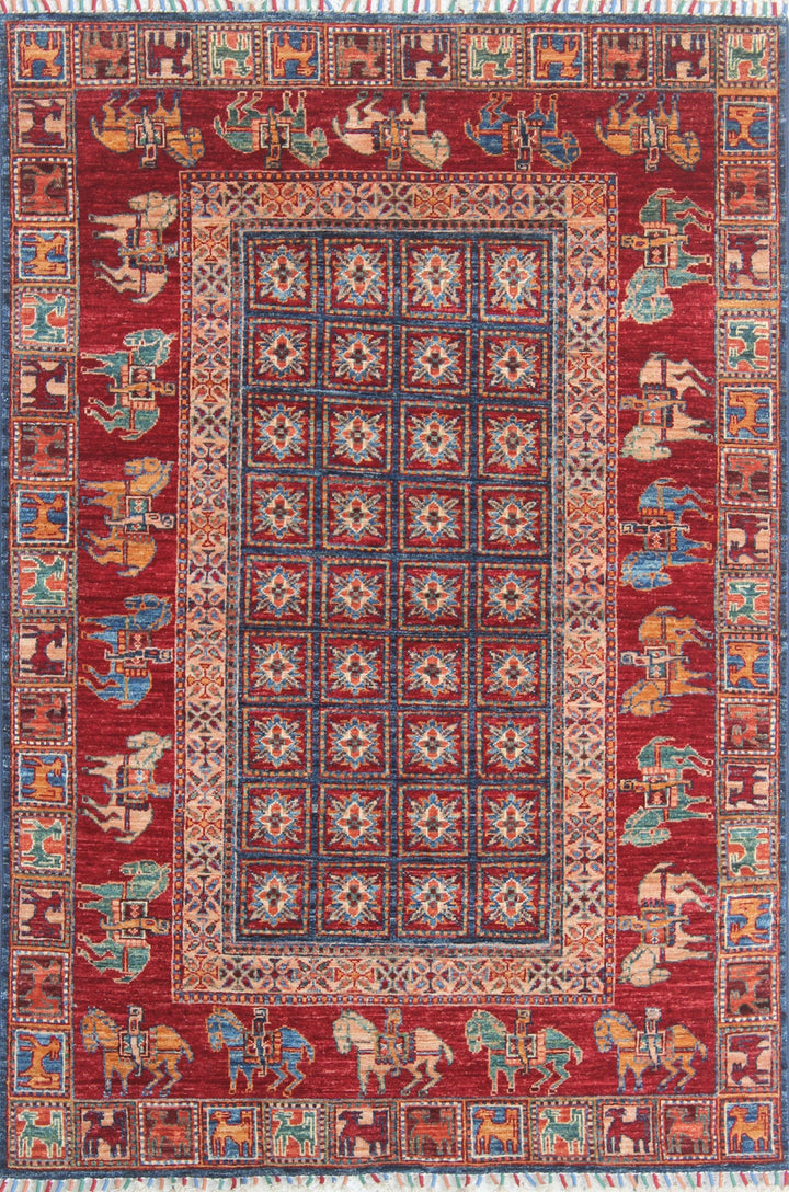 Tribal 4x6 Ft Hand Knotted Pazyryk Rug - Afghan, Wool Rug - Red Blue Color Rug - Exquisite Design Rug - 4x6 Entryway Rug - Small Office Rug-San Francisco Rugs--San Francisco Rugs