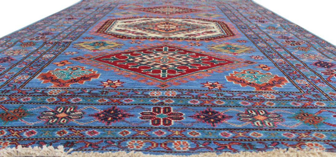 Denim Blue 4x6 ft Hand Knotted Wool Rug - Geometric Design Rug - Tribal Area Rug - Hand Woven Lambswool Rug - 4x6 Entryway Rug - Kitchen Rug-San Francisco Rugs--San Francisco Rugs