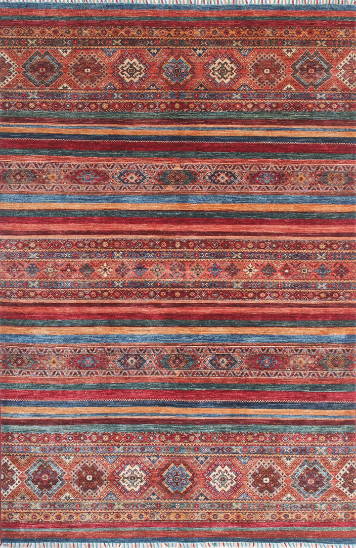 Multicolor 5'10x8'5 Ft Hand Knotted Wool Rug - Striped Design Rug - Turkish, Motif Rug - 6x9 Bedroom Rug - Family Room Rug - Home Decor Rugs-San Francisco Rugs--San Francisco Rugs