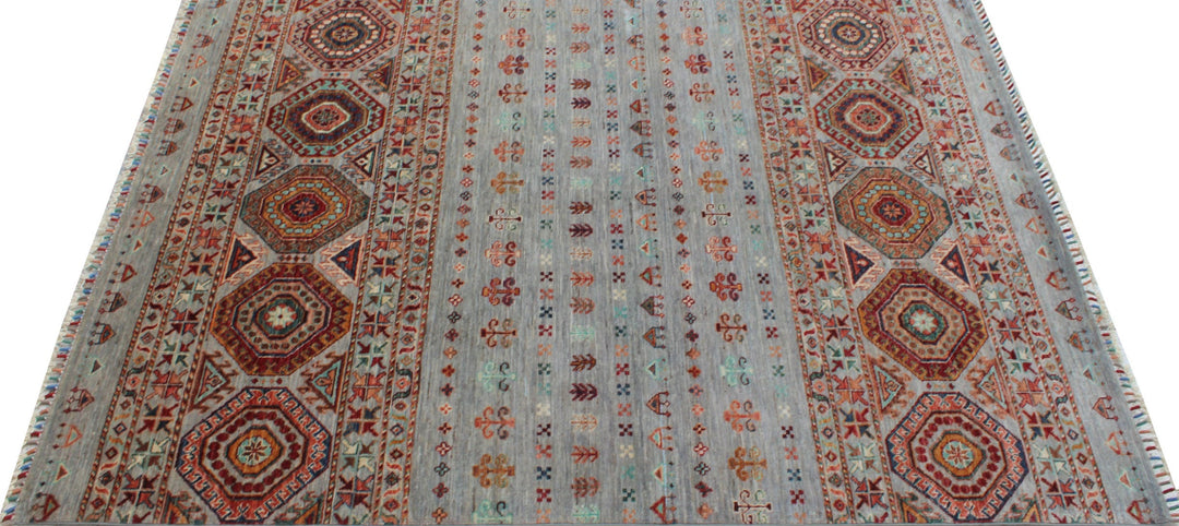 Gray 5x7 Ft Hand Knotted Wool Rug - Khoy Nomad Tribal Rug - Striped Design Rug - Area Rug For Dining Room, Office - Home Decor Rugs-San Francisco Rugs--San Francisco Rugs