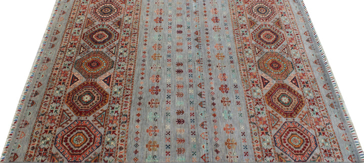Gray 5x7 Ft Hand Knotted Wool Rug - Khoy Nomad Tribal Rug - Striped Design Rug - Area Rug For Dining Room, Office - Home Decor Rugs-San Francisco Rugs--San Francisco Rugs