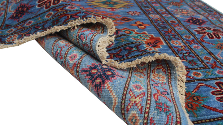 Denim Blue 4x6 ft Hand Knotted Wool Rug - Geometric Design Rug - Tribal Area Rug - Hand Woven Lambswool Rug - 4x6 Entryway Rug - Kitchen Rug-San Francisco Rugs--San Francisco Rugs