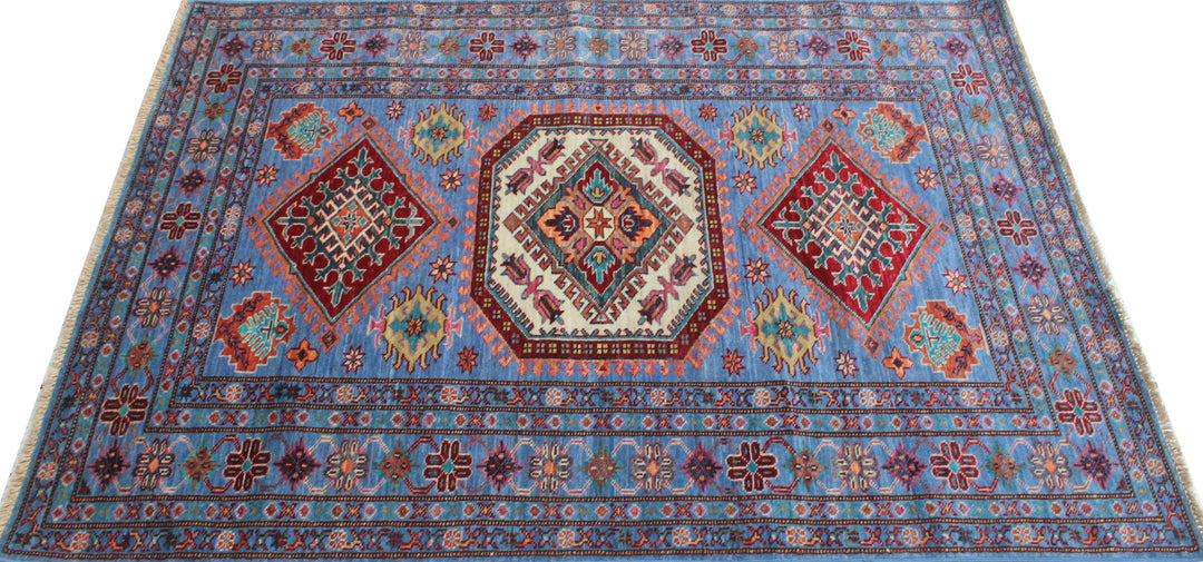 Denim Blue 4x6 ft Hand Knotted Wool Rug - Geometric Design Rug - Tribal Area Rug - Hand Woven Lambswool Rug - 4x6 Entryway Rug - Kitchen Rug-San Francisco Rugs--San Francisco Rugs