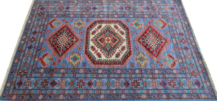 Denim Blue 4x6 ft Hand Knotted Wool Rug - Geometric Design Rug - Tribal Area Rug - Hand Woven Lambswool Rug - 4x6 Entryway Rug - Kitchen Rug-San Francisco Rugs--San Francisco Rugs
